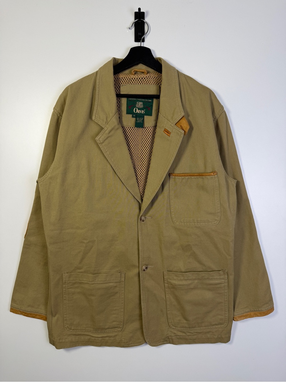 Vintage Orvis Leather Trim Hunting Blazer Jacket Khaki Medium Beige